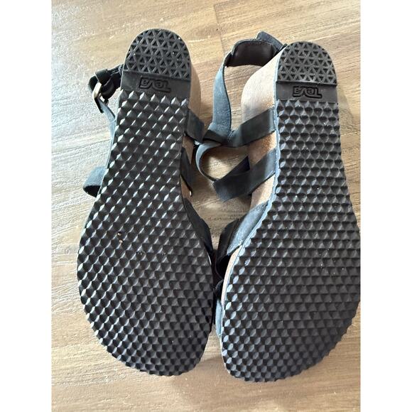 Teva Mahonia Wedge Sandal Size 9 Black Leather Cross Strap Cork Sole - Picture 3 of 6